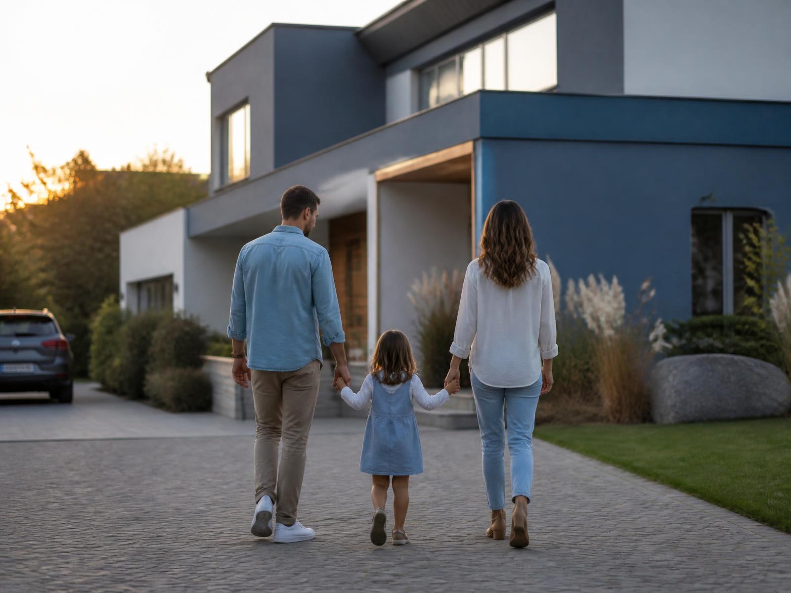 Família caminhando em frente à sua casa ao entardecer